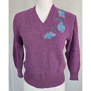 Vtg 70s Tuffi-Lynn Purple Floral Embroidered VNeck Moss Stitch Knit Sweater Sz L
